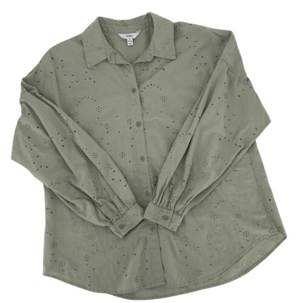 M&S Sage Green‎ Eyelet Embroidered Button-Up Cotton Shirt Blouse Size 14